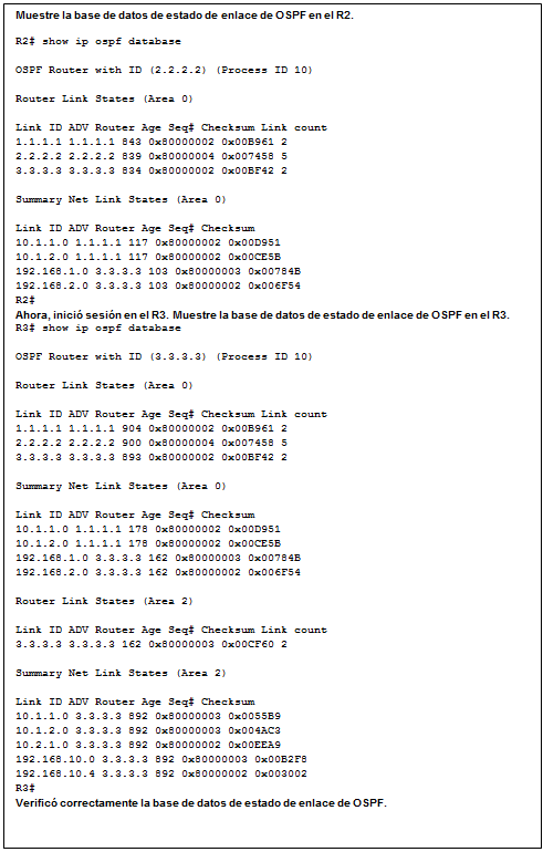 Cuadro de texto: Muestre la base de datos de estado de enlace de OSPF en el R2.  R2# show ip ospf database    OSPF Router with ID (2.2.2.2) (Process ID 10)     Router Link States (Area 0)     Link ID ADV Router Age Seq# Checksum Link count   1.1.1.1 1.1.1.1 843 0x80000002 0x00B961 2   2.2.2.2 2.2.2.2 839 0x80000004 0x007458 5   3.3.3.3 3.3.3.3 834 0x80000002 0x00BF42 2     Summary Net Link States (Area 0)     Link ID ADV Router Age Seq# Checksum   10.1.1.0 1.1.1.1 117 0x80000002 0x00D951   10.1.2.0 1.1.1.1 117 0x80000002 0x00CE5B   192.168.1.0 3.3.3.3 103 0x80000003 0x00784B   192.168.2.0 3.3.3.3 103 0x80000002 0x006F54   R2#  Ahora, inició sesión en el R3. Muestre la base de datos de estado de enlace de OSPF en el R3.  R3# show ip ospf database    OSPF Router with ID (3.3.3.3) (Process ID 10)     Router Link States (Area 0)     Link ID ADV Router Age Seq# Checksum Link count   1.1.1.1 1.1.1.1 904 0x80000002 0x00B961 2   2.2.2.2 2.2.2.2 900 0x80000004 0x007458 5   3.3.3.3 3.3.3.3 893 0x80000002 0x00BF42 2     Summary Net Link States (Area 0)     Link ID ADV Router Age Seq# Checksum   10.1.1.0 1.1.1.1 178 0x80000002 0x00D951   10.1.2.0 1.1.1.1 178 0x80000002 0x00CE5B   192.168.1.0 3.3.3.3 162 0x80000003 0x00784B   192.168.2.0 3.3.3.3 162 0x80000002 0x006F54     Router Link States (Area 2)     Link ID ADV Router Age Seq# Checksum Link count   3.3.3.3 3.3.3.3 162 0x80000003 0x00CF60 2     Summary Net Link States (Area 2)     Link ID ADV Router Age Seq# Checksum   10.1.1.0 3.3.3.3 892 0x80000003 0x0055B9   10.1.2.0 3.3.3.3 892 0x80000003 0x004AC3   10.2.1.0 3.3.3.3 892 0x80000002 0x00EEA9   192.168.10.0 3.3.3.3 892 0x80000003 0x00B2F8   192.168.10.4 3.3.3.3 892 0x80000002 0x003002   R3#  Verificó correctamente la base de datos de estado de enlace de OSPF.    