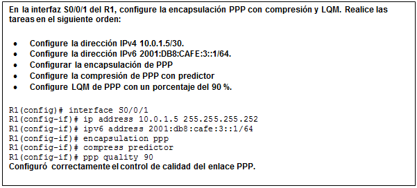 Cuadro de texto: En la interfaz S0/0/1 del R1, configure la encapsulación PPP con compresión y LQM. Realice las tareas en el siguiente orden:  •	Configure la dirección IPv4 10.0.1.5/30.  •	Configure la dirección IPv6 2001:DB8:CAFE:3::1/64.  •	Configurar la encapsulación de PPP  •	Configure la compresión de PPP con predictor  •	Configure LQM de PPP con un porcentaje del 90 %.  R1(config)# interface S0/0/1  R1(config-if)# ip address 10.0.1.5 255.255.255.252  R1(config-if)# ipv6 address 2001:db8:cafe:3::1/64  R1(config-if)# encapsulation ppp  R1(config-if)# compress predictor  R1(config-if)# ppp quality 90  Configuró correctamente el control de calidad del enlace PPP.  